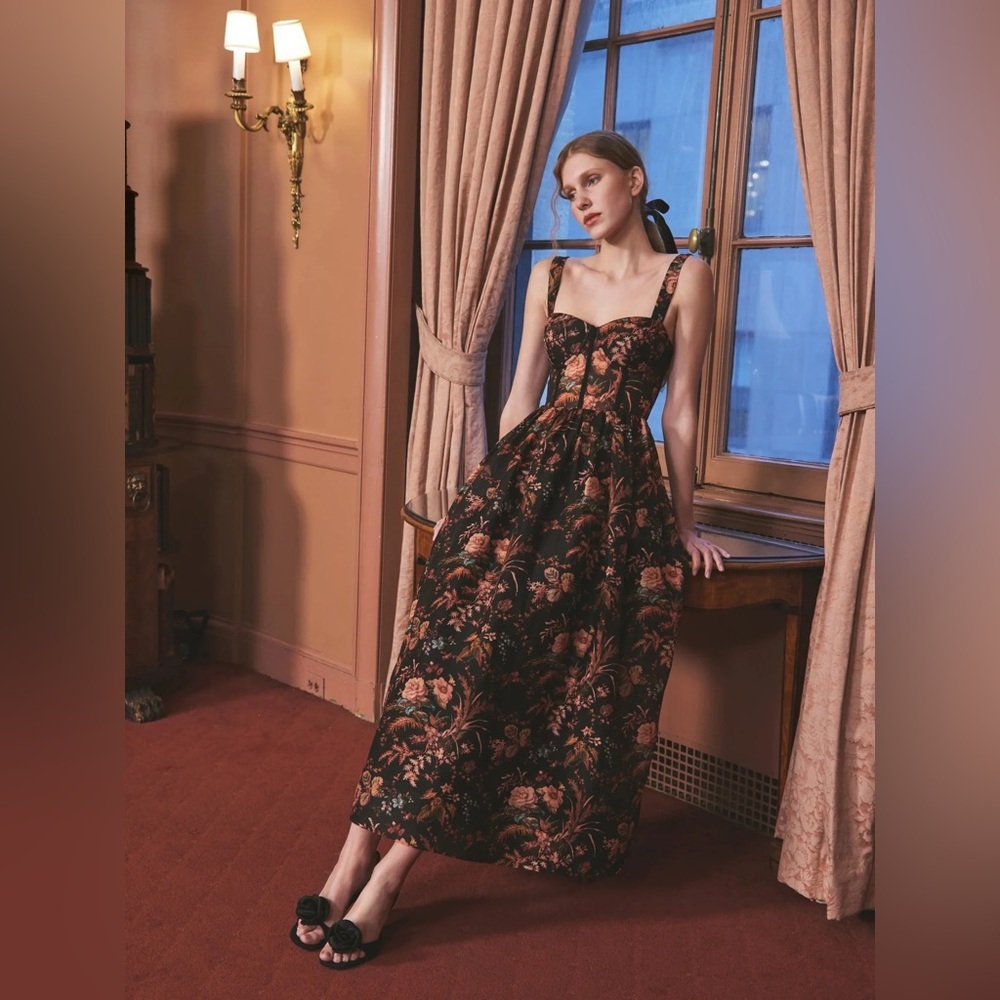 NEW Cara Cara Phoebe Floral Linen Silk Midi Bustier Dress Pindell Black US 4 UK8 - Picture 3 of 16